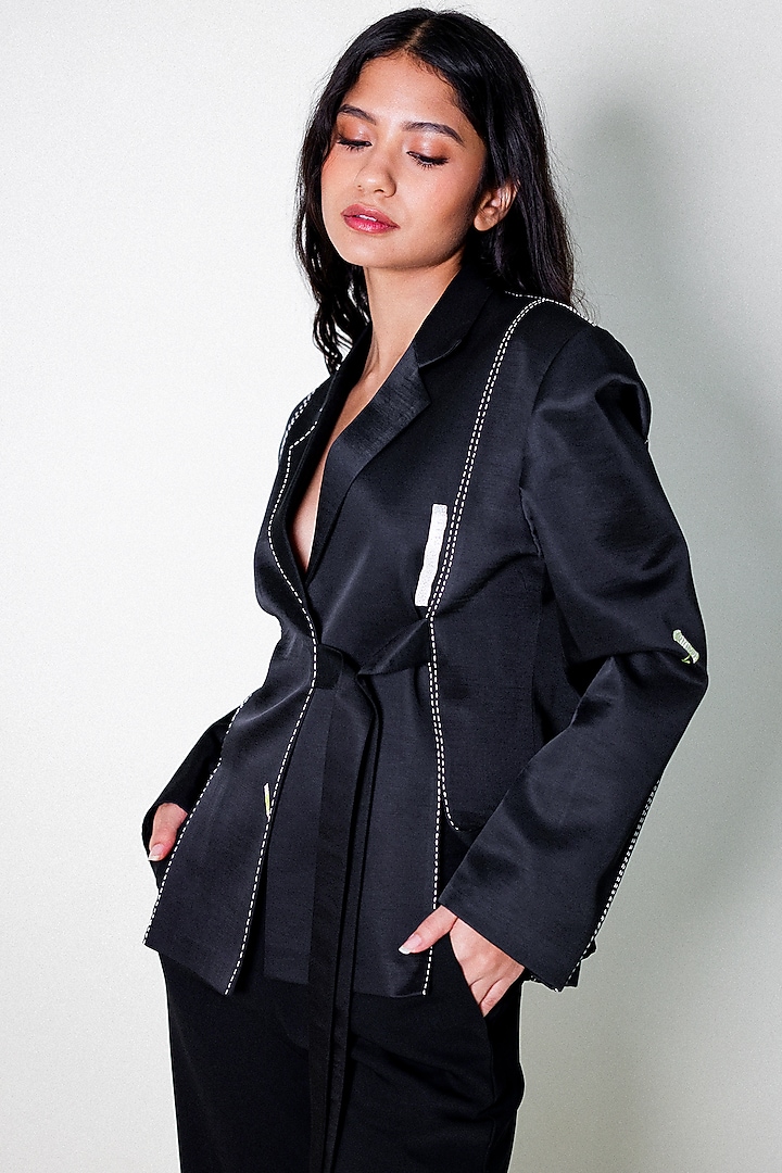 Black Linen Satin Hand Embroidered Blazer by ARYA GIRI at Pernia's Pop Up Shop