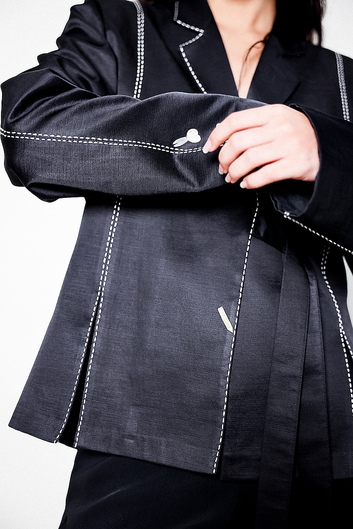 Black Linen Satin Hand Embroidered Blazer by ARYA GIRI at Pernia's Pop Up Shop