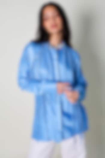 Blue Linen Satin Hand Embroidered Blouse Top by ARYA GIRI at Pernia's Pop Up Shop