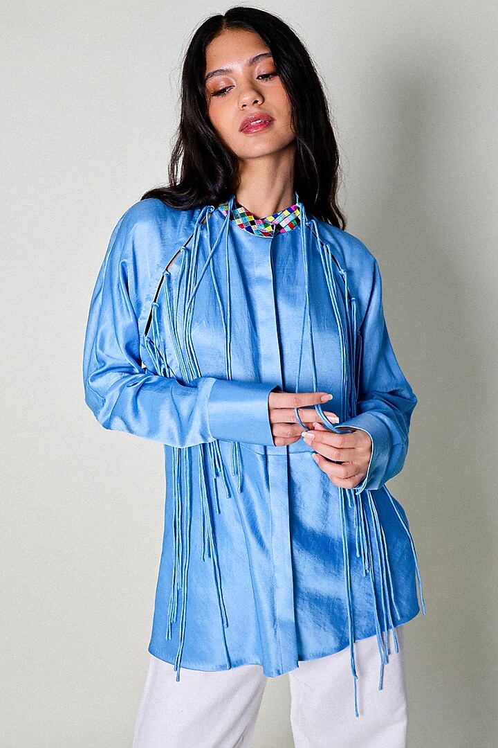 Blue Linen Satin Hand Embroidered Blouse Top by ARYA GIRI at Pernia's Pop Up Shop
