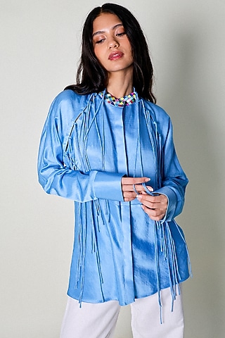 Blue Linen Satin Hand Embroidered Blouse Top by ARYA GIRI