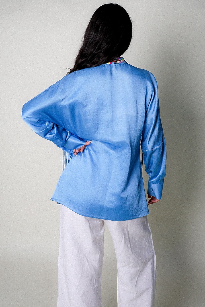 Blue Linen Satin Hand Embroidered Blouse Top by ARYA GIRI at Pernia's Pop Up Shop