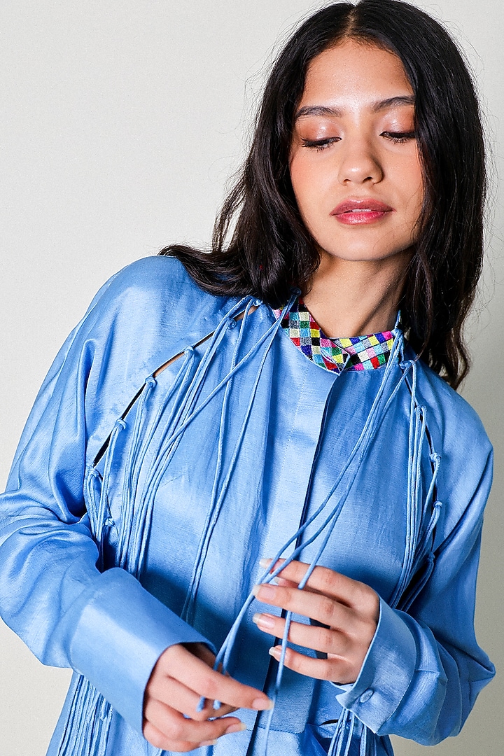 Blue Linen Satin Hand Embroidered Blouse Top by ARYA GIRI at Pernia's Pop Up Shop