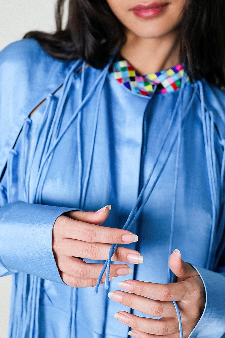 Blue Linen Satin Hand Embroidered Blouse Top by ARYA GIRI at Pernia's Pop Up Shop
