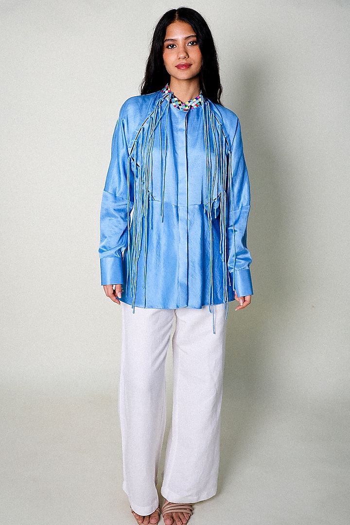 Blue Linen Satin Hand Embroidered Blouse Top by ARYA GIRI at Pernia's Pop Up Shop