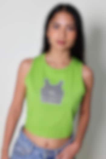 Green Cotton Knit Hand Embroidered Tank Top by ARYA GIRI at Pernia's Pop Up Shop