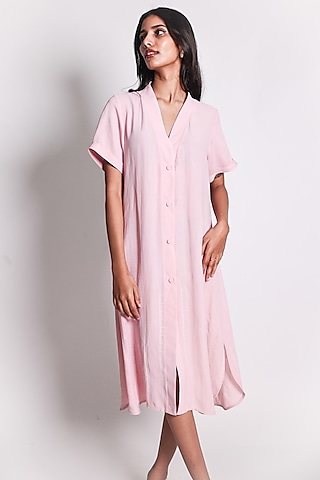 Pink Linen Satin Hand Embroidered Kaftan Dress by ARYA GIRI
