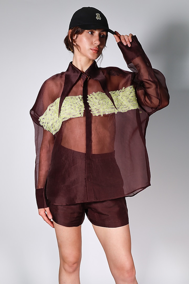 Brown Satin Organza Hand Embroidered Shirt With Slip by ARYA GIRI at Pernia's Pop Up Shop