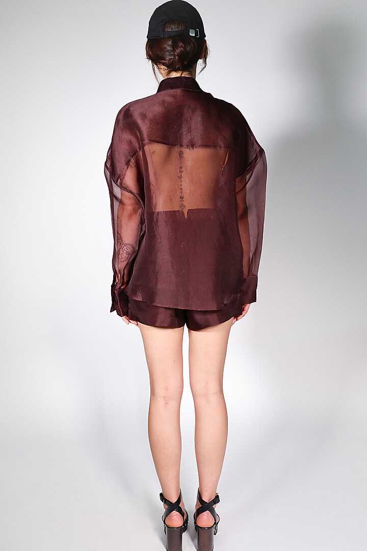 Brown Satin Organza Hand Embroidered Shirt With Slip by ARYA GIRI at Pernia's Pop Up Shop