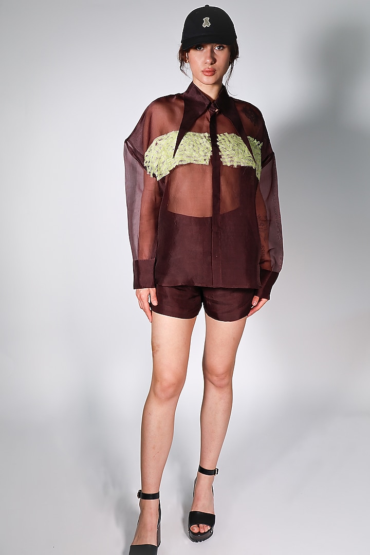 Brown Satin Organza Hand Embroidered Shirt With Slip by ARYA GIRI at Pernia's Pop Up Shop