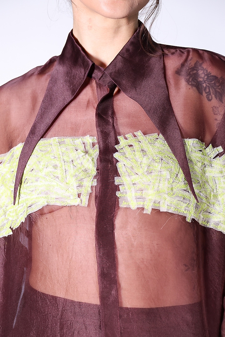 Brown Satin Organza Hand Embroidered Shirt With Slip by ARYA GIRI at Pernia's Pop Up Shop