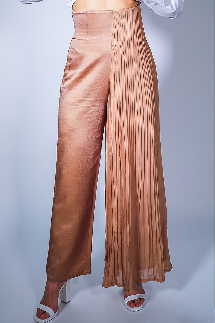 Beige Cotton Silk Knife Pleated Pants by ARYA GIRI at Pernia's Pop Up Shop