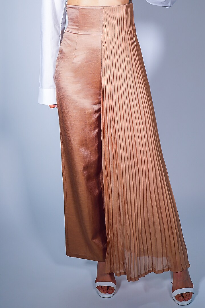 Beige Cotton Silk Knife Pleated Pants by ARYA GIRI at Pernia's Pop Up Shop