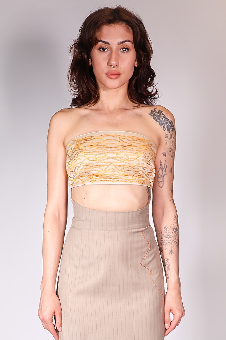 Beige Linen Satin Hand Embroidered Bandeau Top by ARYA GIRI at Pernia's Pop Up Shop