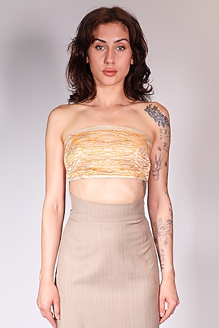 Beige Linen Satin Hand Embroidered Bandeau Top by ARYA GIRI