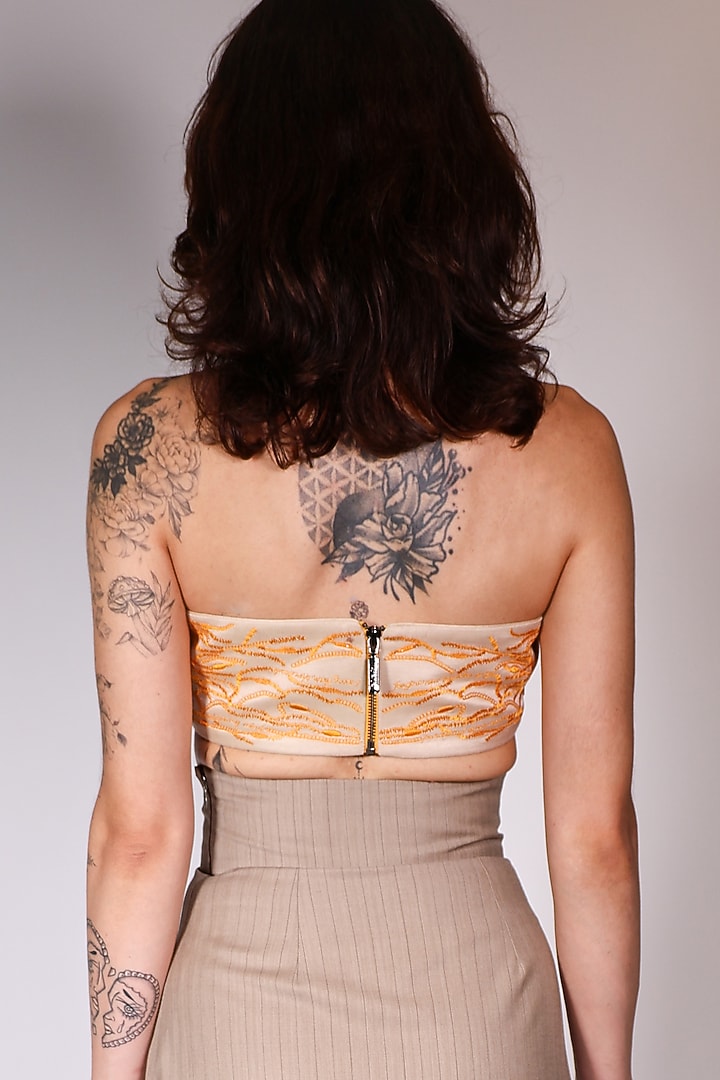Beige Linen Satin Hand Embroidered Bandeau Top by ARYA GIRI at Pernia's Pop Up Shop
