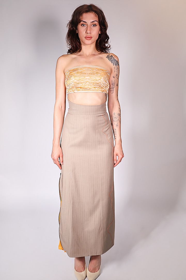 Beige Linen Satin Hand Embroidered Bandeau Top by ARYA GIRI at Pernia's Pop Up Shop
