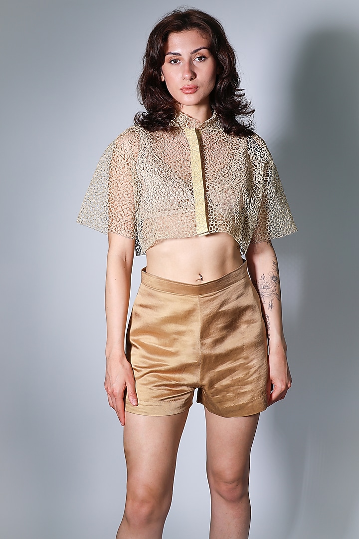 Pure Gold Zari Hand Embroidered Shirt by ARYA GIRI at Pernia's Pop Up Shop