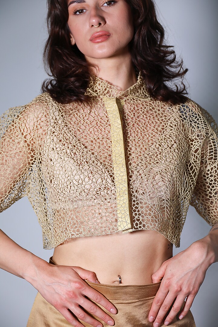 Pure Gold Zari Hand Embroidered Shirt by ARYA GIRI at Pernia's Pop Up Shop