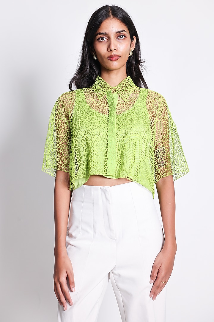 Green Zari Hand Embroidered Shirt by ARYA GIRI at Pernia's Pop Up Shop