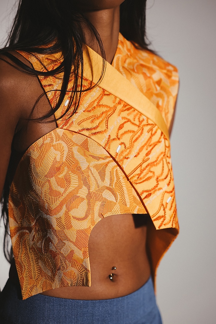 Beige Linen Satin Hand Embroidered Blouse by ARYA GIRI at Pernia's Pop Up Shop