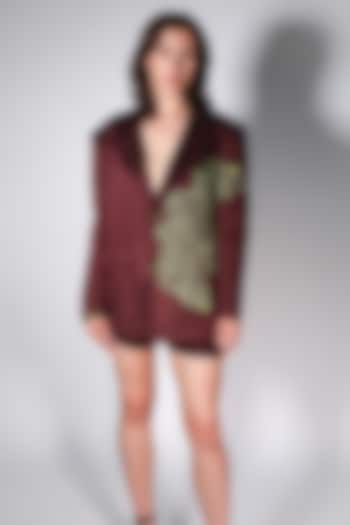 Brown Linen Satin Hand Embroidered Blazer by ARYA GIRI at Pernia's Pop Up Shop