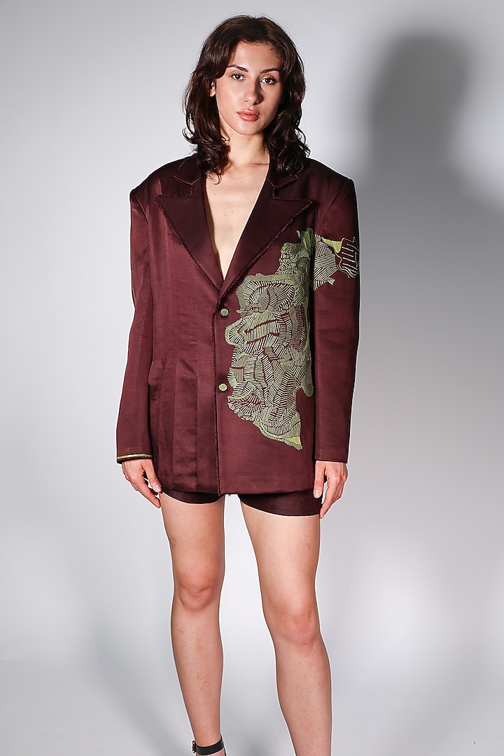 Brown Linen Satin Hand Embroidered Blazer by ARYA GIRI at Pernia's Pop Up Shop
