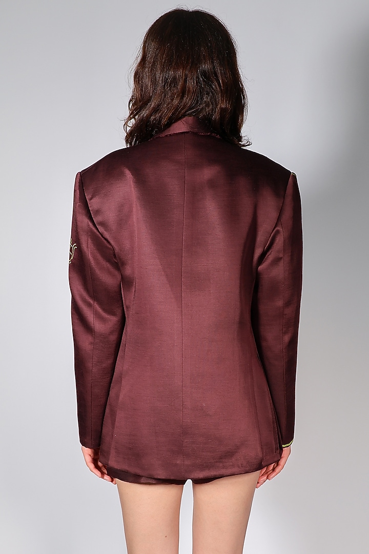 Brown Linen Satin Hand Embroidered Blazer by ARYA GIRI at Pernia's Pop Up Shop