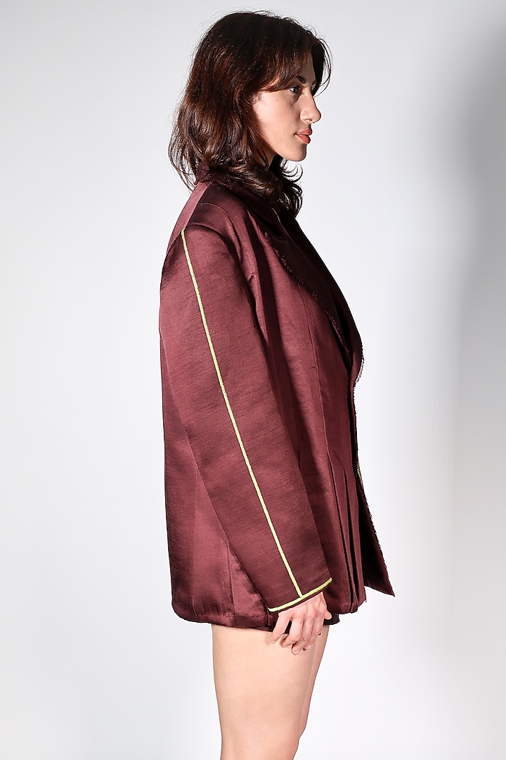 Brown Linen Satin Hand Embroidered Blazer by ARYA GIRI at Pernia's Pop Up Shop