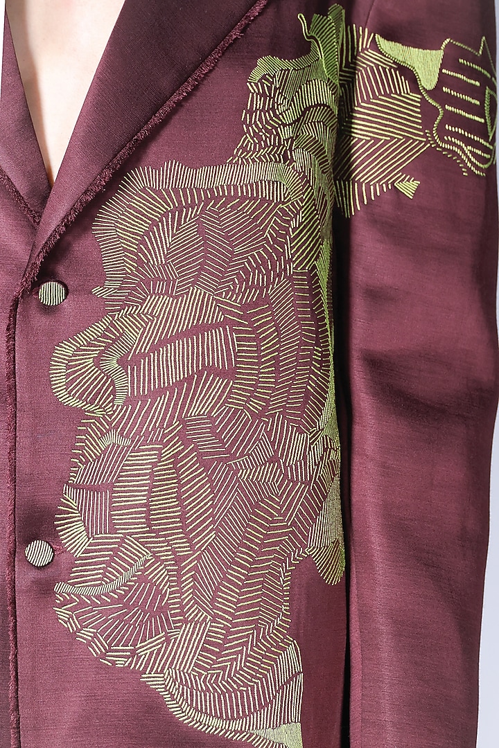 Brown Linen Satin Hand Embroidered Blazer by ARYA GIRI at Pernia's Pop Up Shop