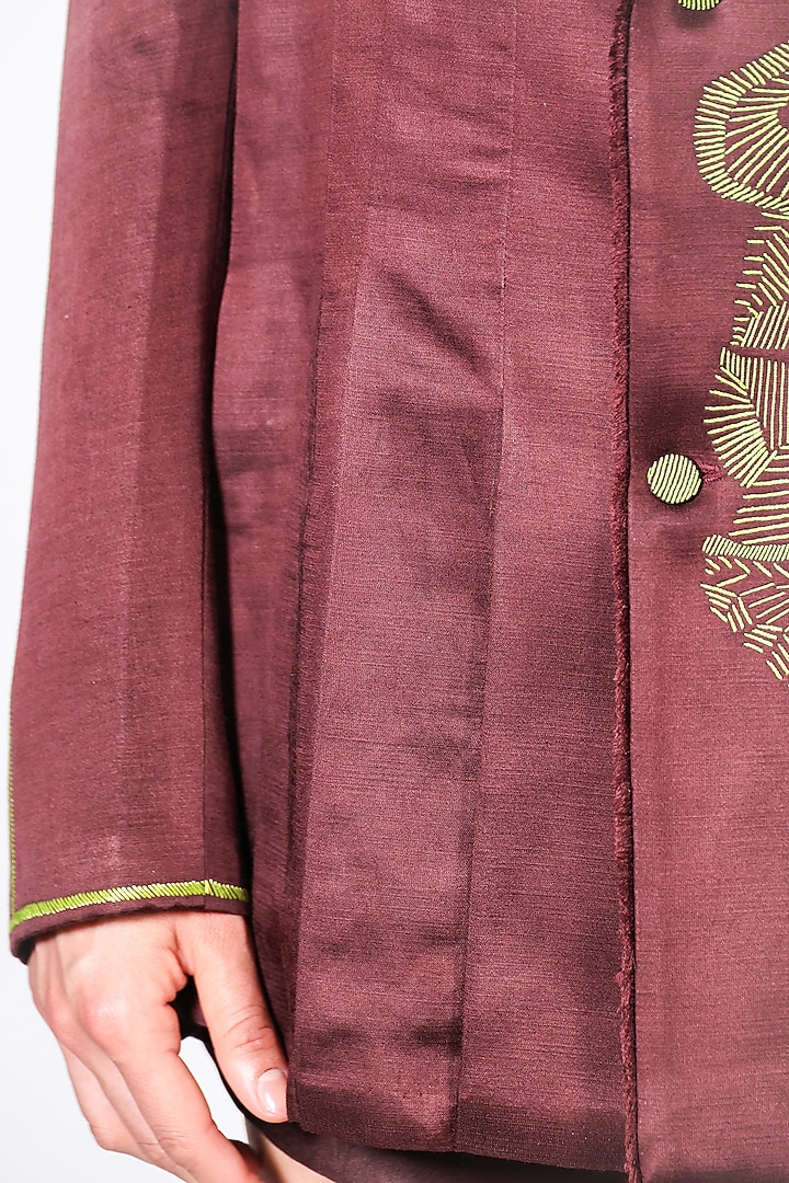 Brown Linen Satin Hand Embroidered Blazer by ARYA GIRI at Pernia's Pop Up Shop