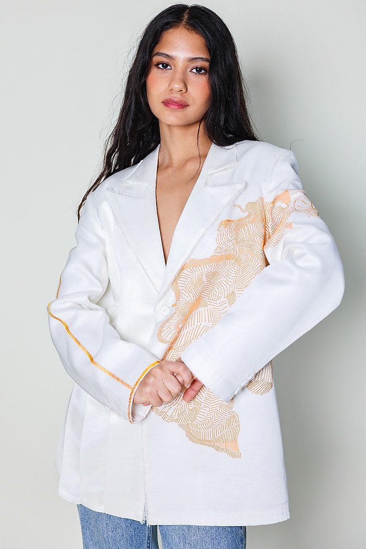 White Linen Satin Hand Embroidered Blazer by ARYA GIRI at Pernia's Pop Up Shop