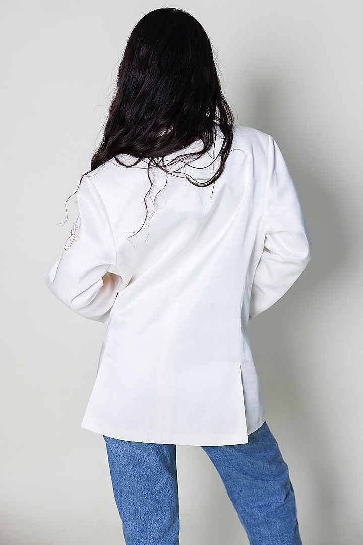White Linen Satin Hand Embroidered Blazer by ARYA GIRI at Pernia's Pop Up Shop