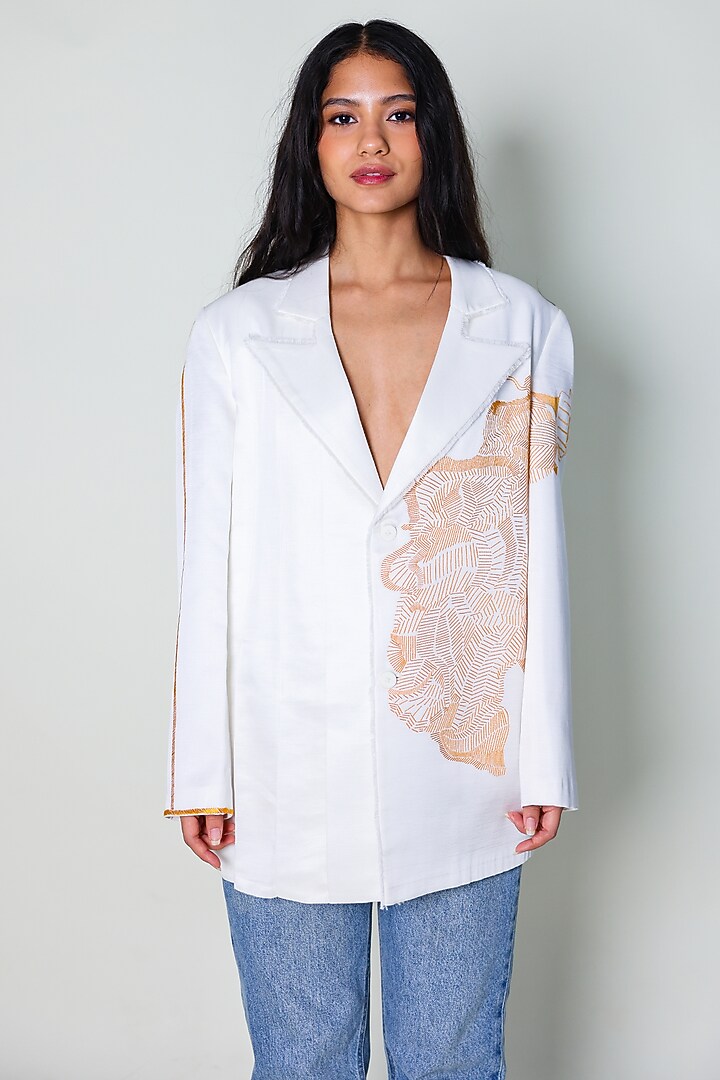 White Linen Satin Hand Embroidered Blazer by ARYA GIRI at Pernia's Pop Up Shop