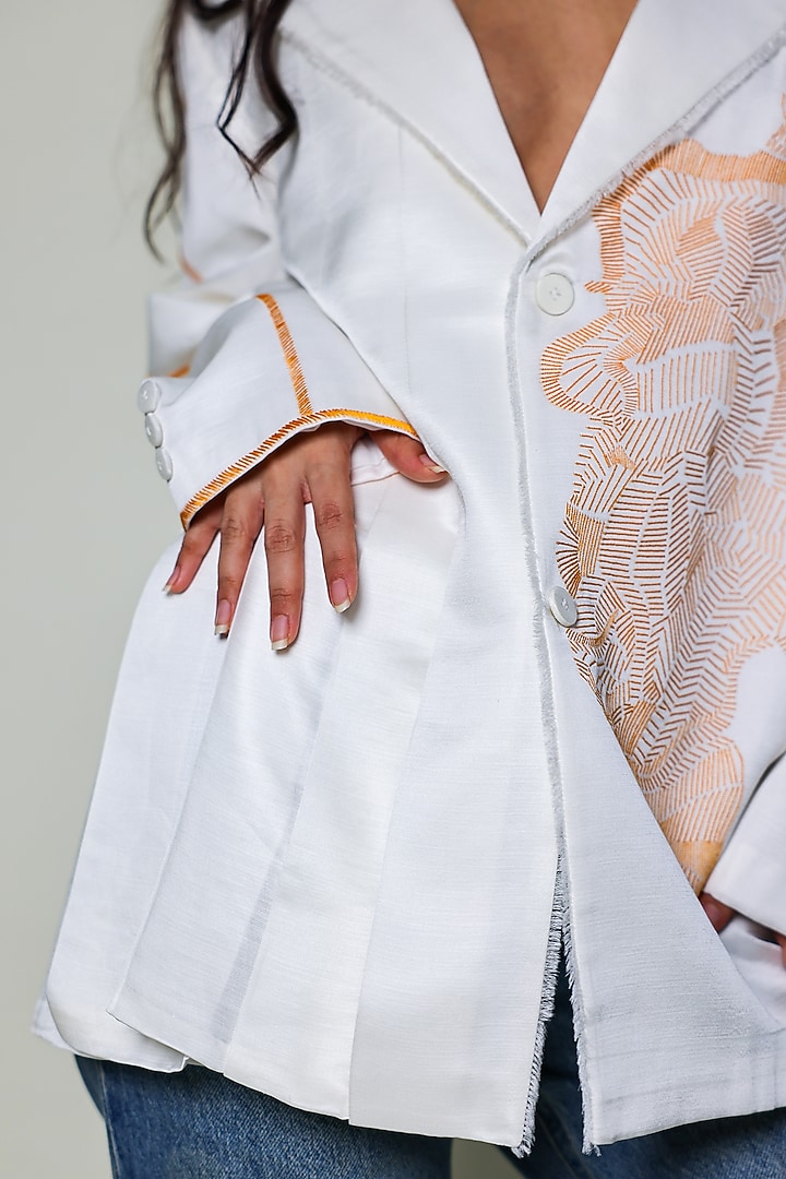 White Linen Satin Hand Embroidered Blazer by ARYA GIRI at Pernia's Pop Up Shop