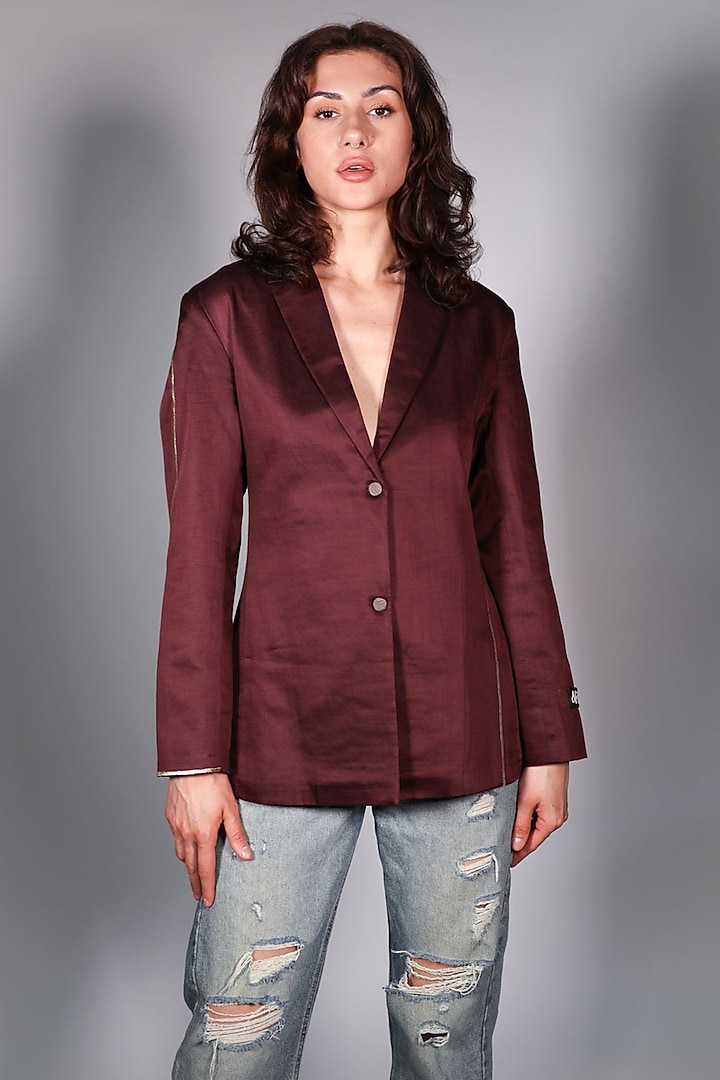 Brown Linen Embroidered Blazer by ARYA GIRI at Pernia's Pop Up Shop