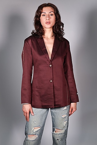 Brown Linen Embroidered Blazer by ARYA GIRI