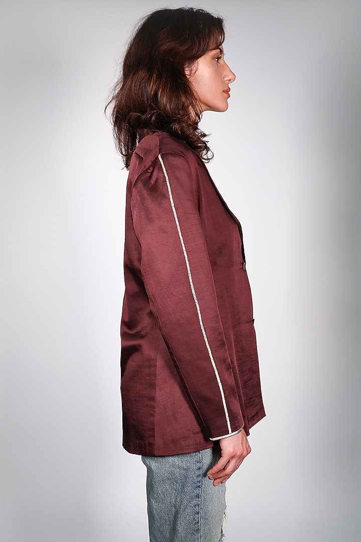 Brown Linen Embroidered Blazer by ARYA GIRI at Pernia's Pop Up Shop