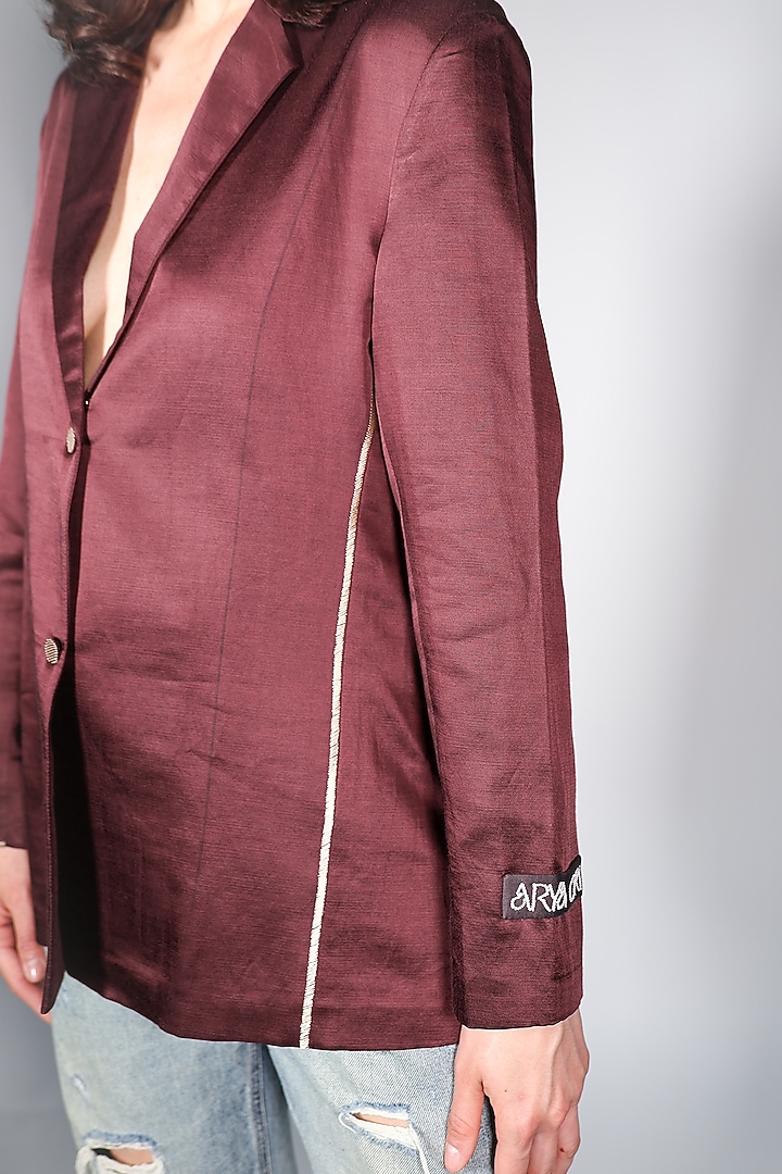 Brown Linen Embroidered Blazer by ARYA GIRI at Pernia's Pop Up Shop
