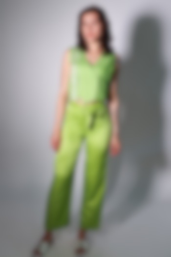 Green Linen Satin Trousers by ARYA GIRI at Pernia's Pop Up Shop