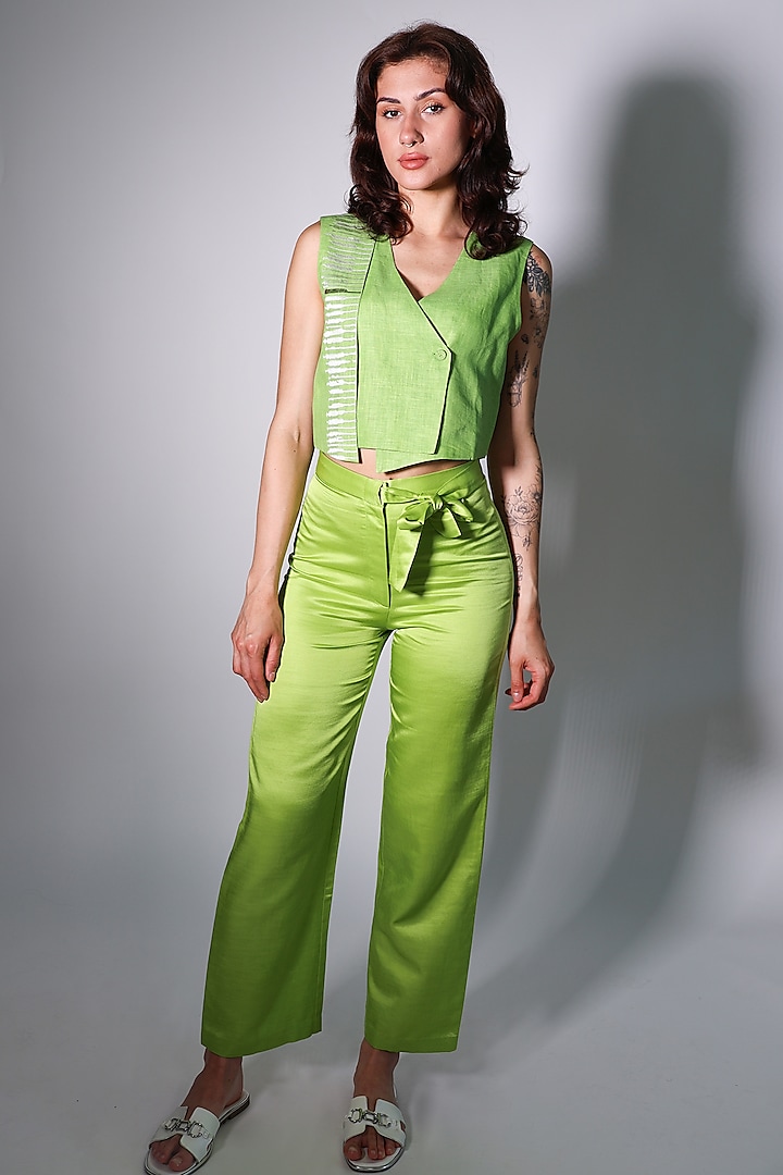 Green Linen Satin Trousers by ARYA GIRI at Pernia's Pop Up Shop