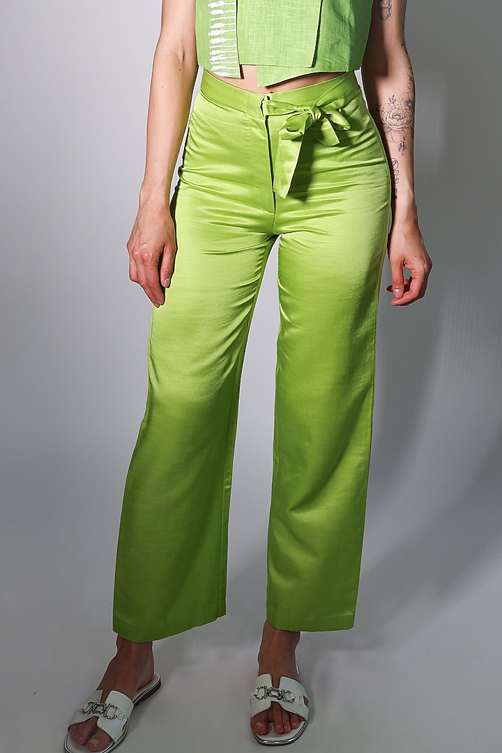 Green Linen Satin Trousers by ARYA GIRI at Pernia's Pop Up Shop