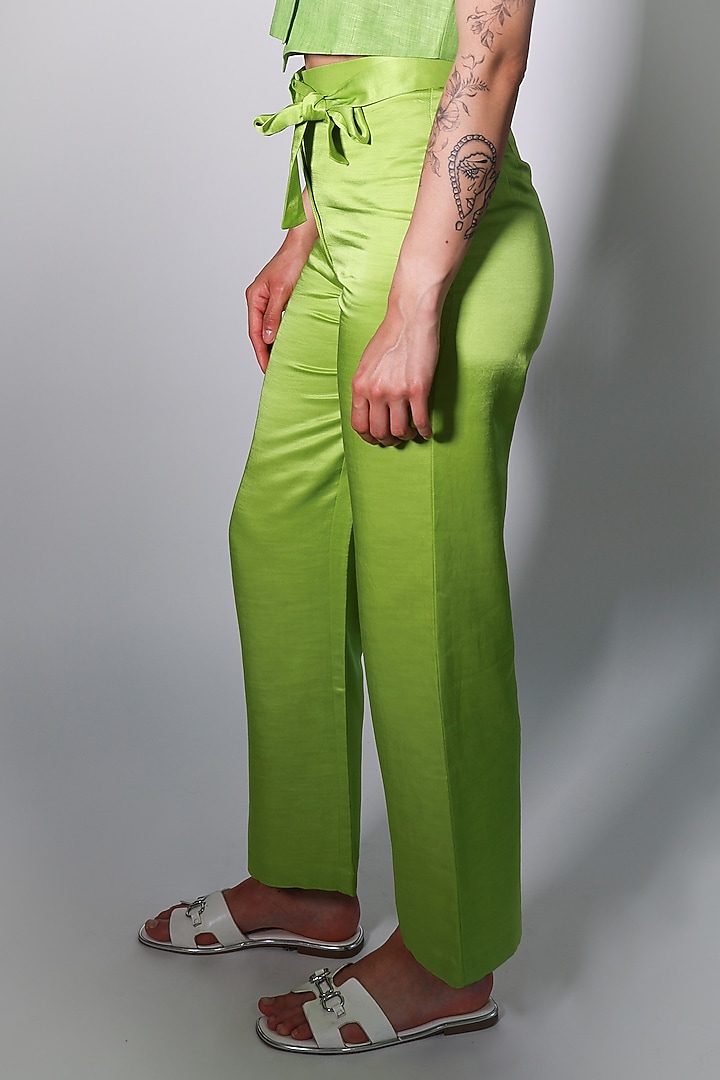 Green Linen Satin Trousers by ARYA GIRI at Pernia's Pop Up Shop