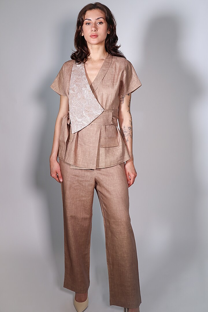 Beige Linen Satin Trousers by ARYA GIRI at Pernia's Pop Up Shop
