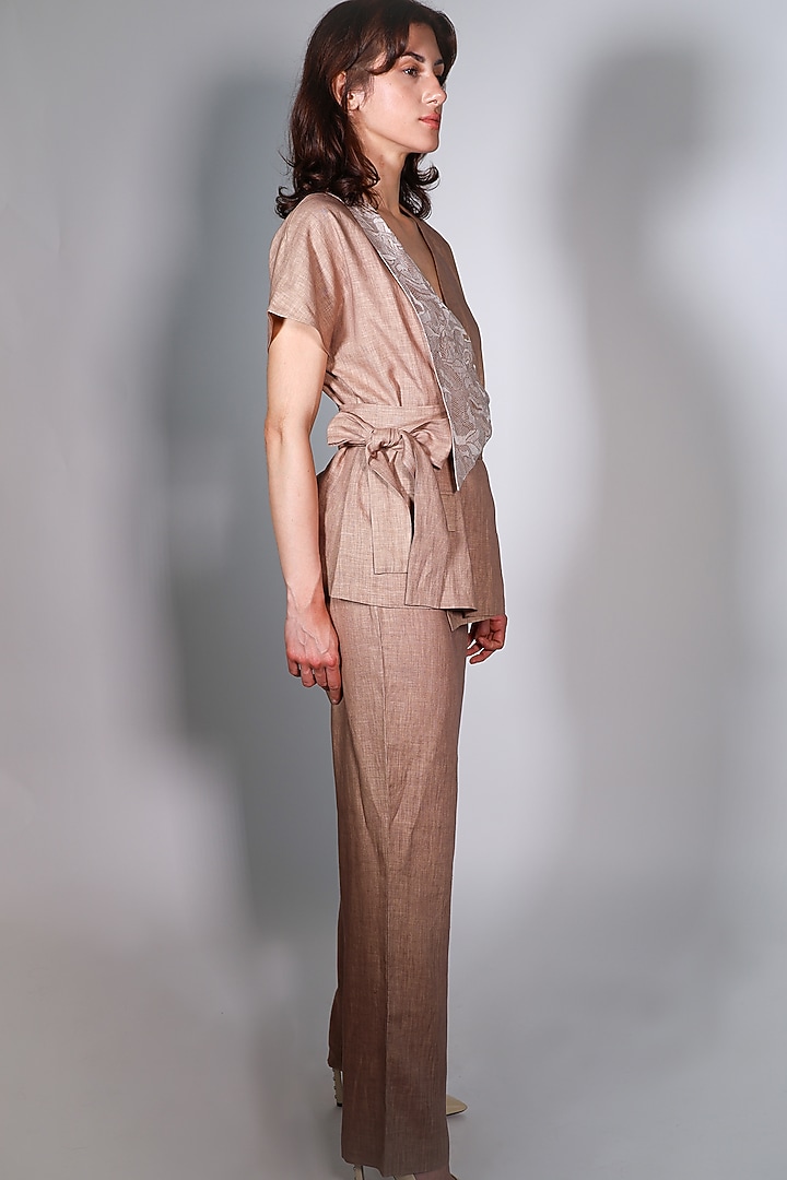 Beige Linen Satin Trousers by ARYA GIRI at Pernia's Pop Up Shop