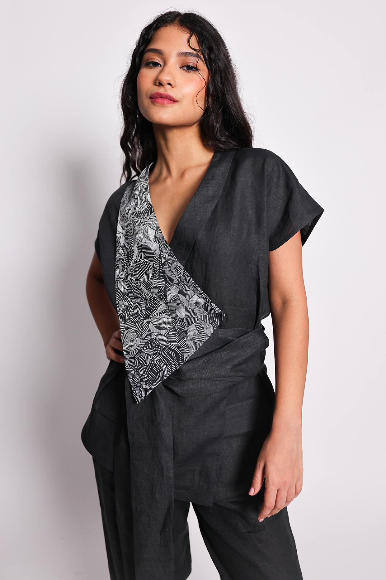 Black Linen Hand Embroidered Co-Ord Set by ARYA GIRI at Pernia's Pop Up Shop