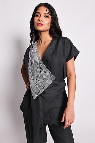 Black Linen Hand Embroidered Co-Ord Set by ARYA GIRI