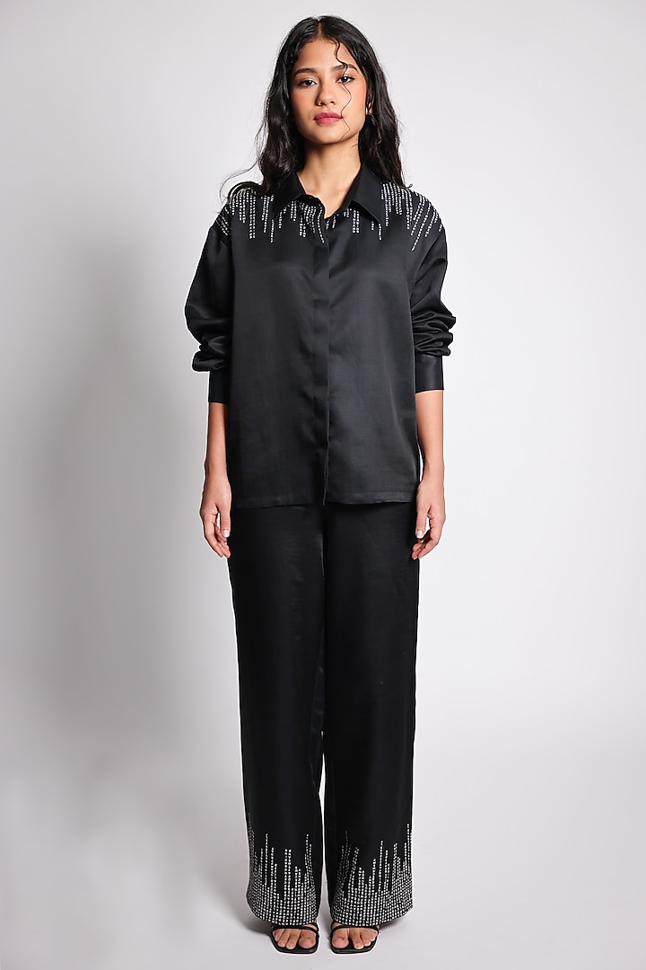 Black Linen Satin Hand Embroidered Co-Ord Set by ARYA GIRI at Pernia's Pop Up Shop