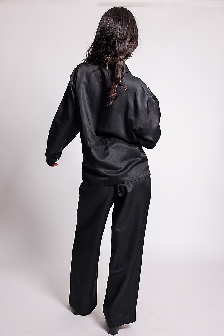 Black Linen Satin Hand Embroidered Co-Ord Set by ARYA GIRI at Pernia's Pop Up Shop