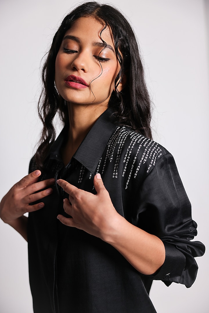 Black Linen Satin Hand Embroidered Co-Ord Set by ARYA GIRI at Pernia's Pop Up Shop